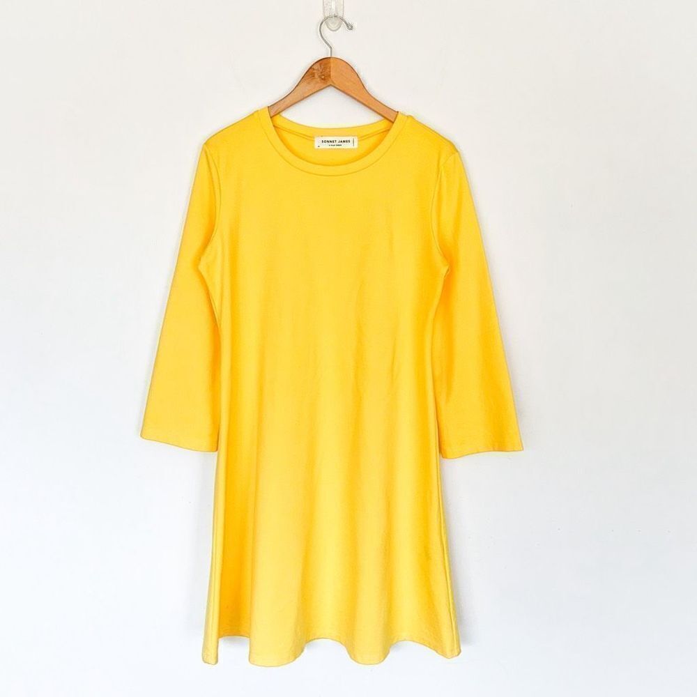 Sonnet James Women’s Bright Yellow 3/4 Sleeve Aline Line Knee Length Dress